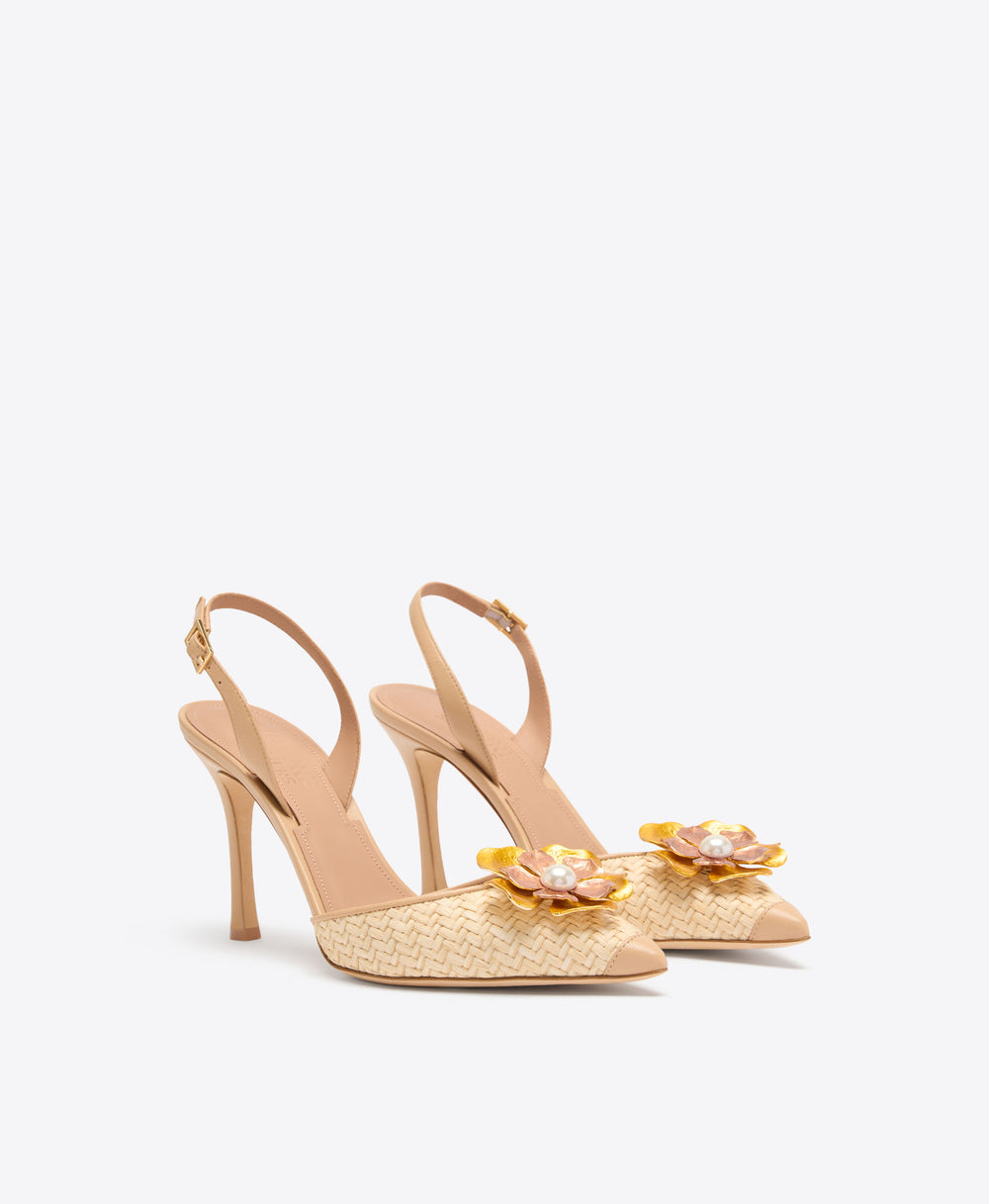 Sarah 90 Buff Raffia Slingback Pumps with Metal Flower Ornament Malone Souliers
