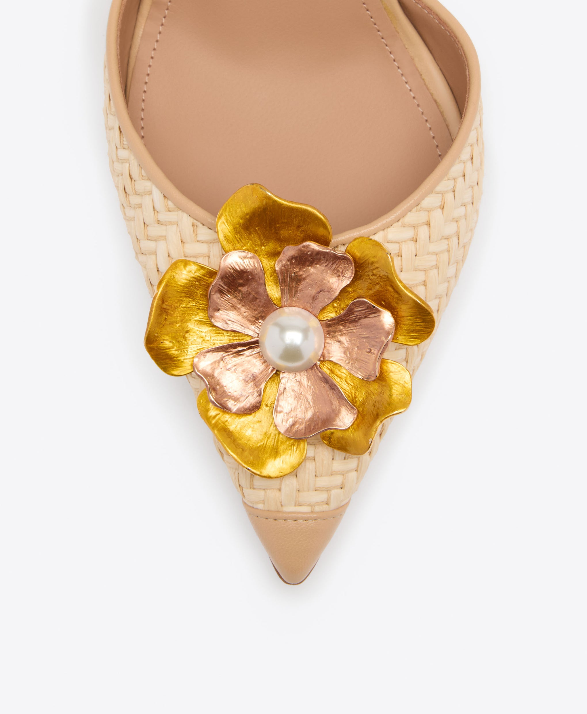 Sarah 90 Buff Raffia Slingback Pumps with Metal Flower Ornament Malone Souliers