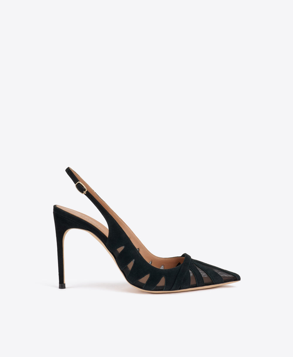 Schiffer 90 Black Suede Slingback Pumps