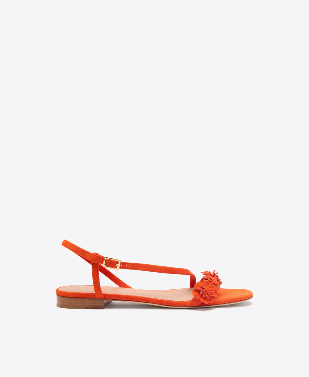Serra 10 Orange Suede Flat Sandals with Flower Embellishments Malone Souliers