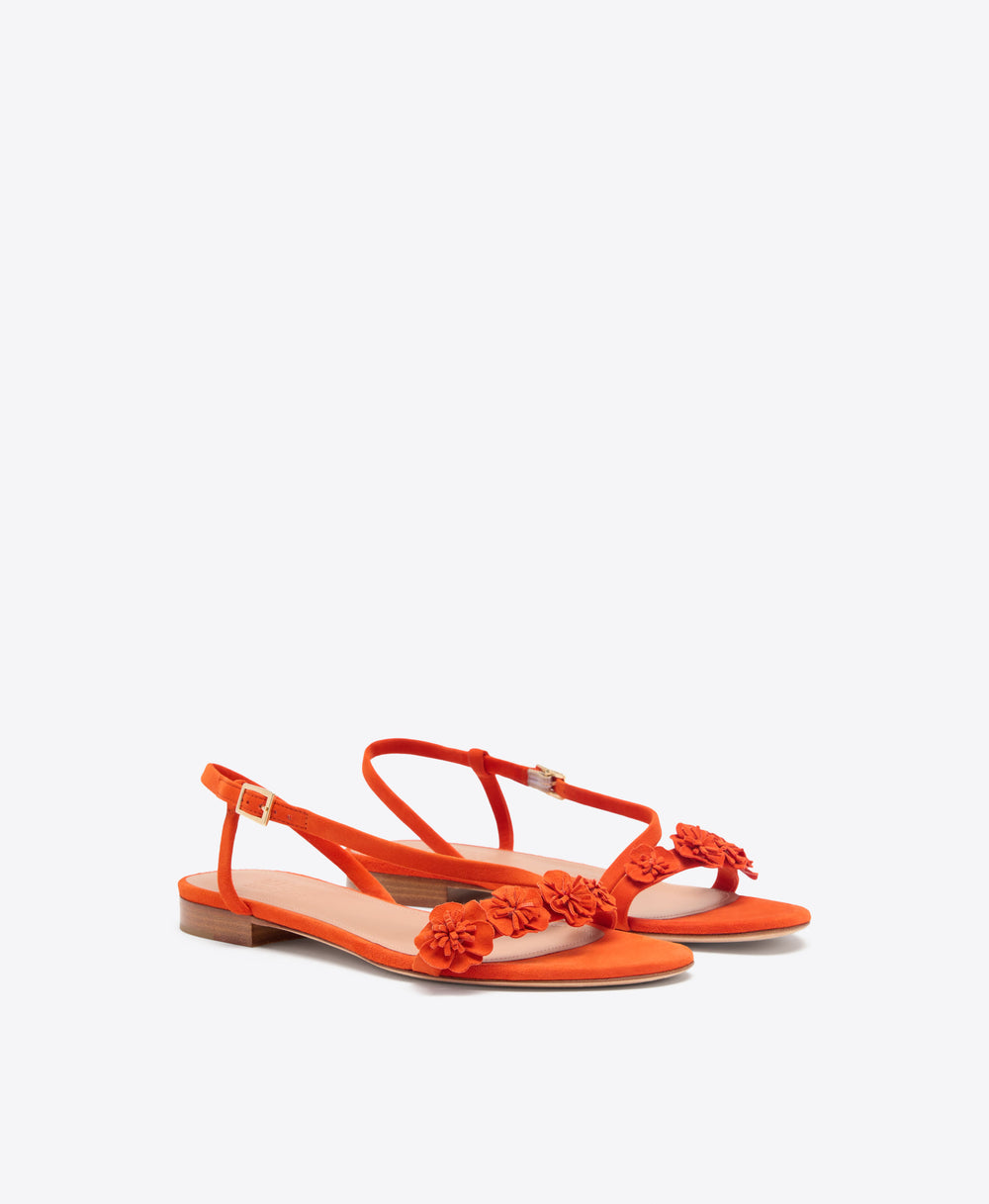 Serra 10 Orange Suede Flat Sandals with Flower Embellishments Malone Souliers