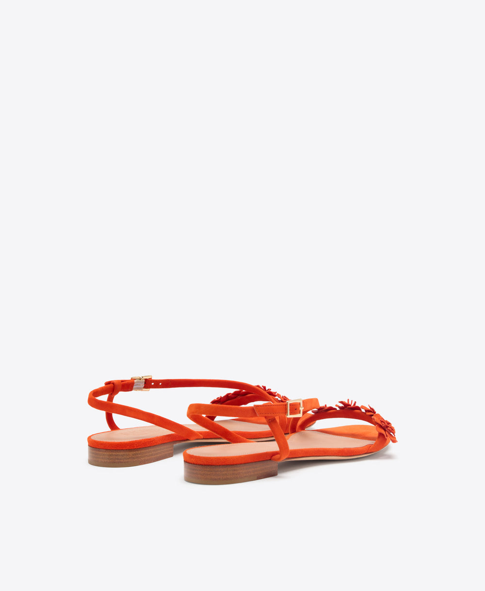 Serra 10 Orange Suede Flat Sandals with Flower Embellishments Malone Souliers