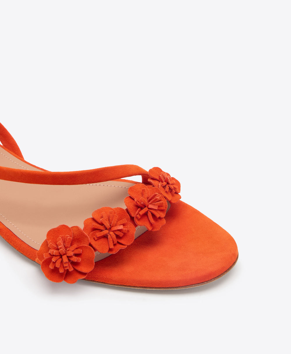 Serra 10 Orange Suede Flat Sandals with Flower Embellishments Malone Souliers