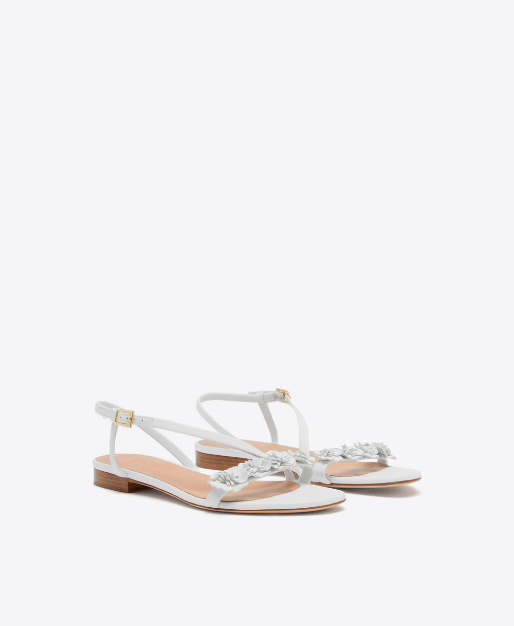 Serra 10 White Leather Flat Sandals with Flower Ornaments Malone Souliers