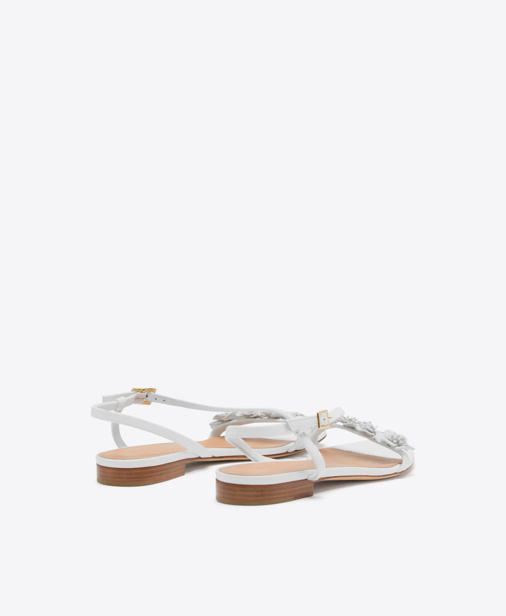 Serra 10 White Leather Flat Sandals with Flower Ornaments Malone Souliers
