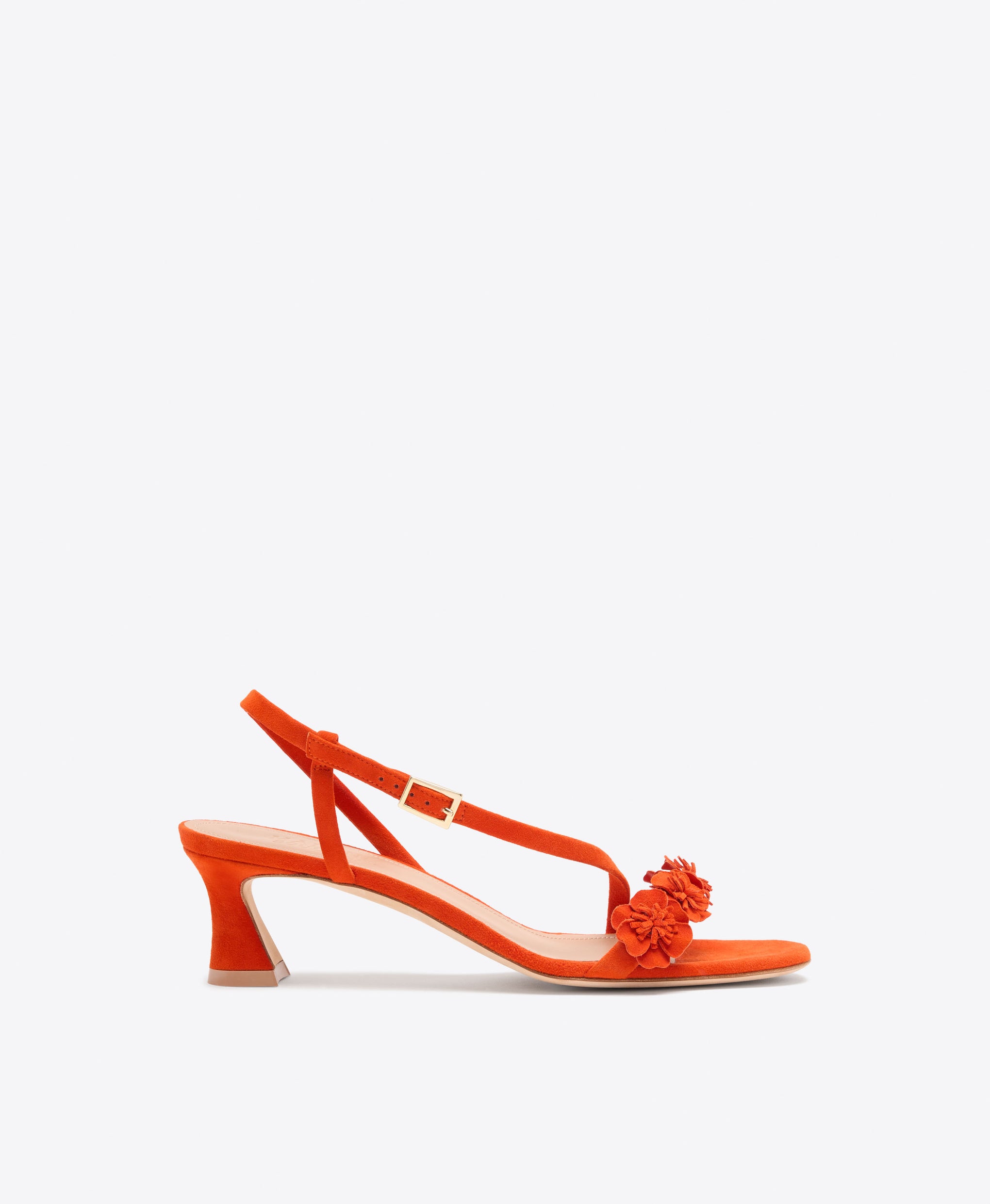 Serra 45 Orange Suede Kitten Heel Sandals with Flower Embellishments Malone Souliers