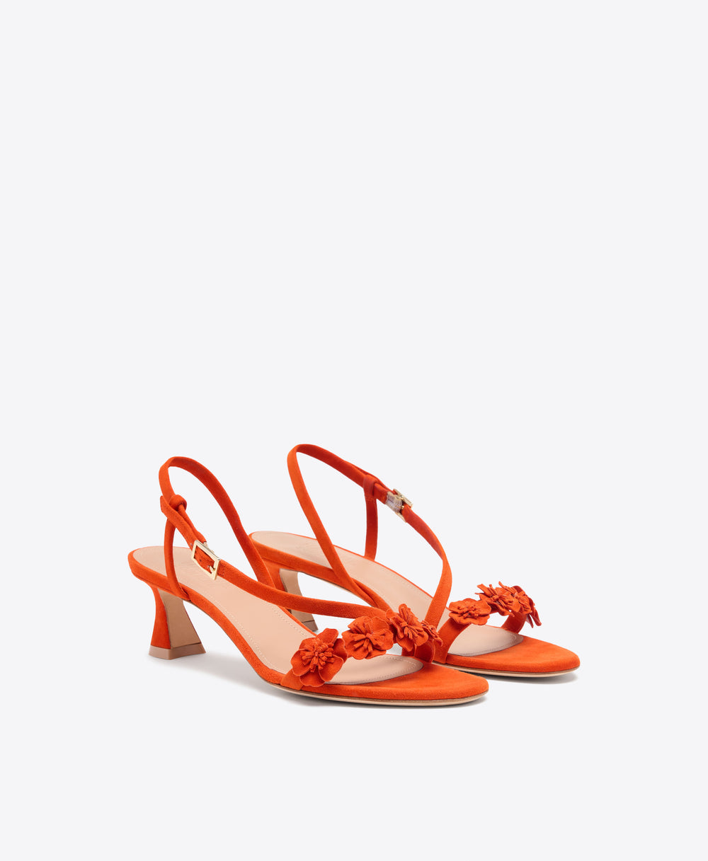 Serra 45 Orange Suede Kitten Heel Sandals with Flower Embellishments Malone Souliers