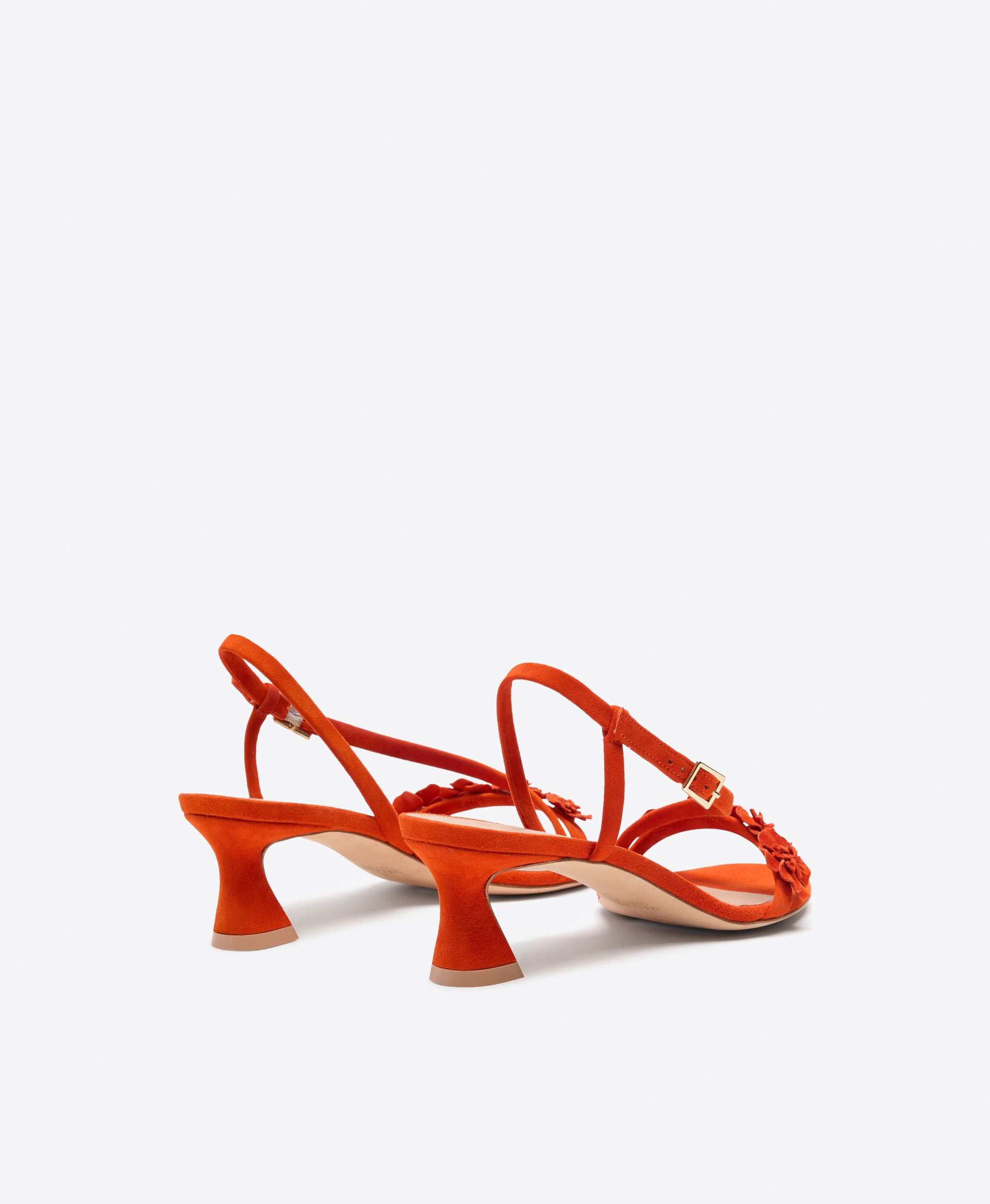 Serra 45 Orange Suede Kitten Heel Sandals with Flower Embellishments Malone Souliers