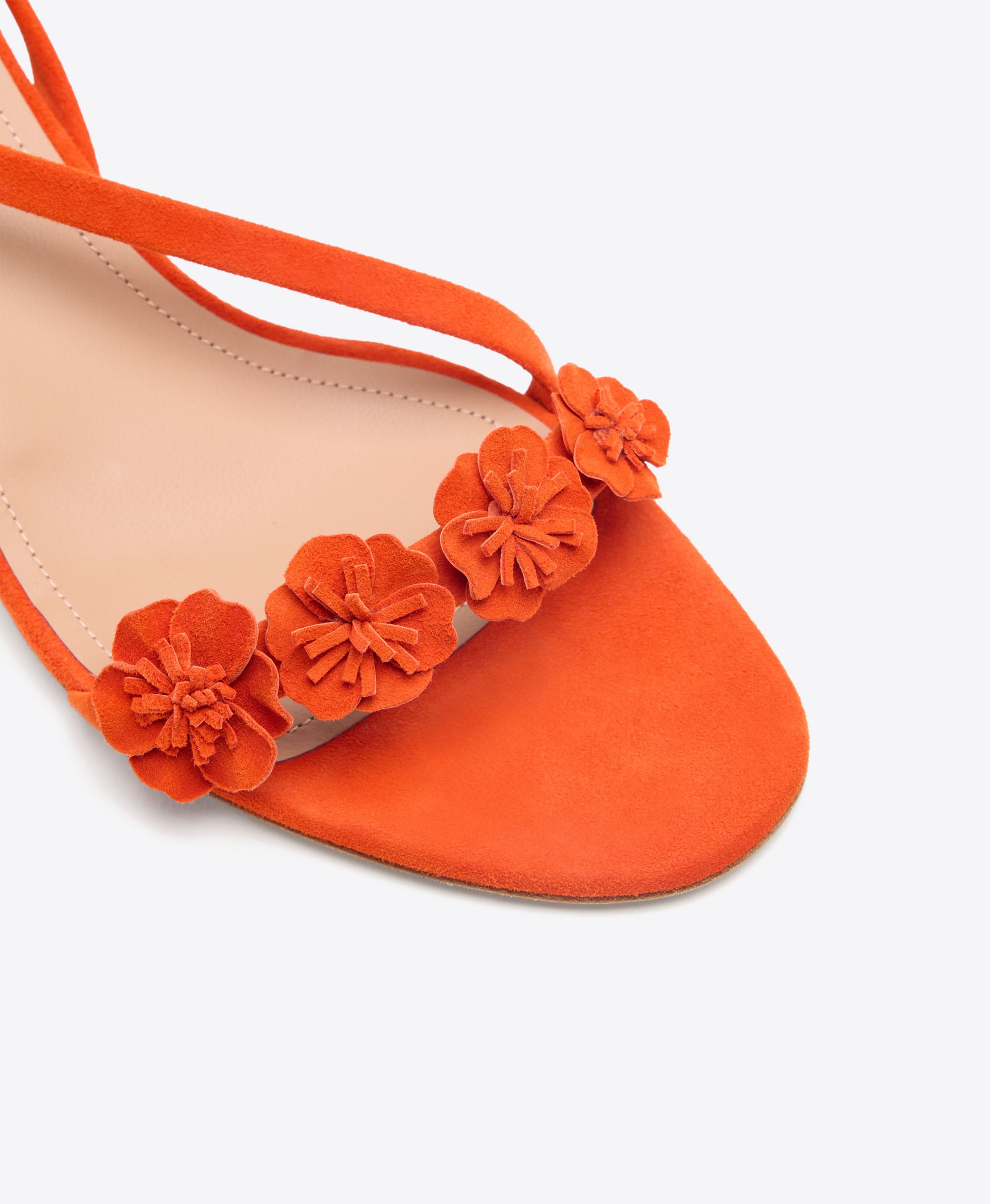 Serra 45 Orange Suede Kitten Heel Sandals with Flower Embellishments Malone Souliers