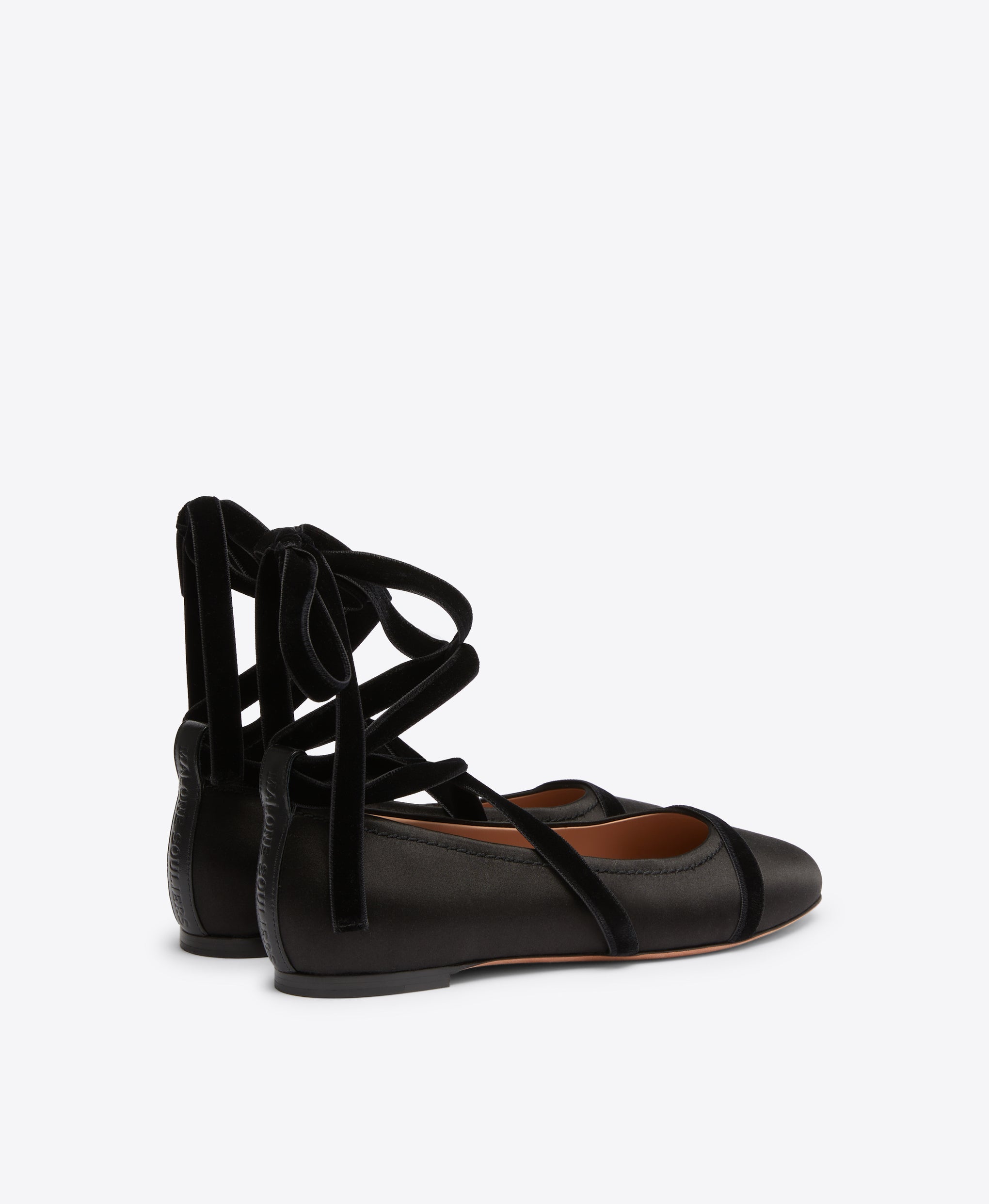 Spencer Black Satin Flats with Velvet Ribbons Malone Souliers
