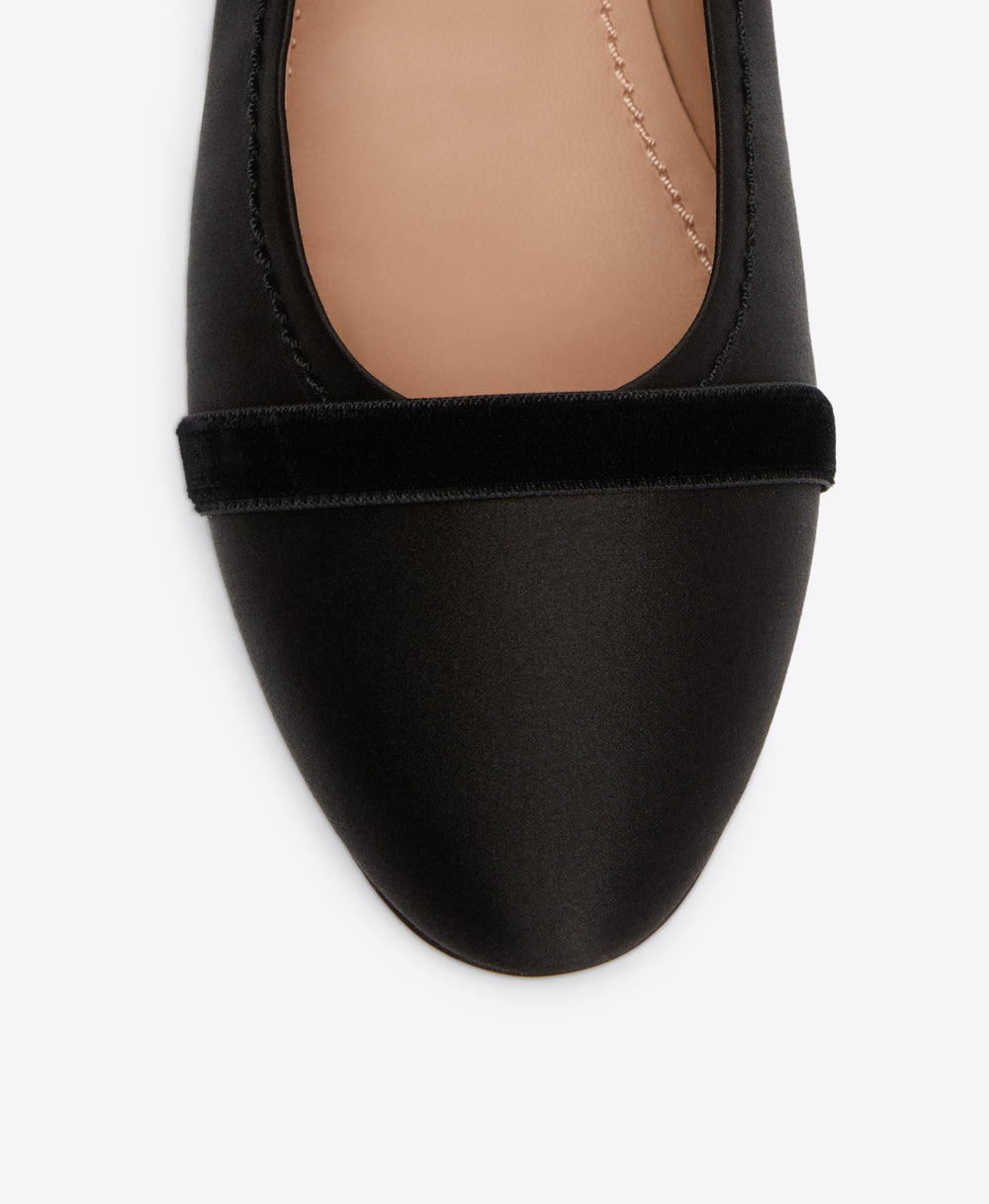 Spencer Black Satin Flats with Velvet Ribbons Malone Souliers