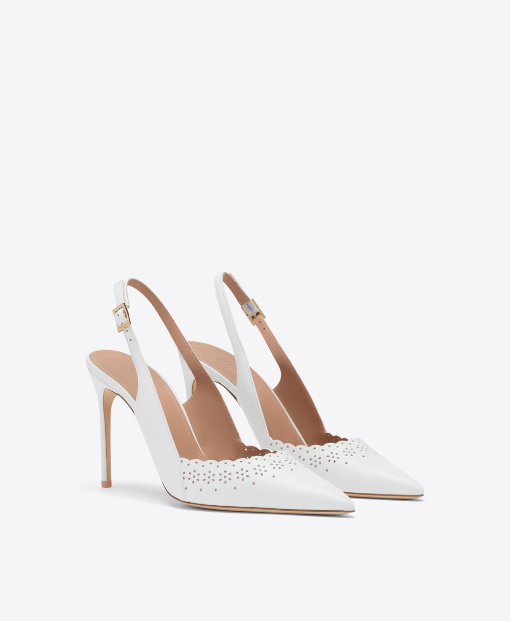 Malone Souliers Sunny 90 White Broderie Leather Slingbacks