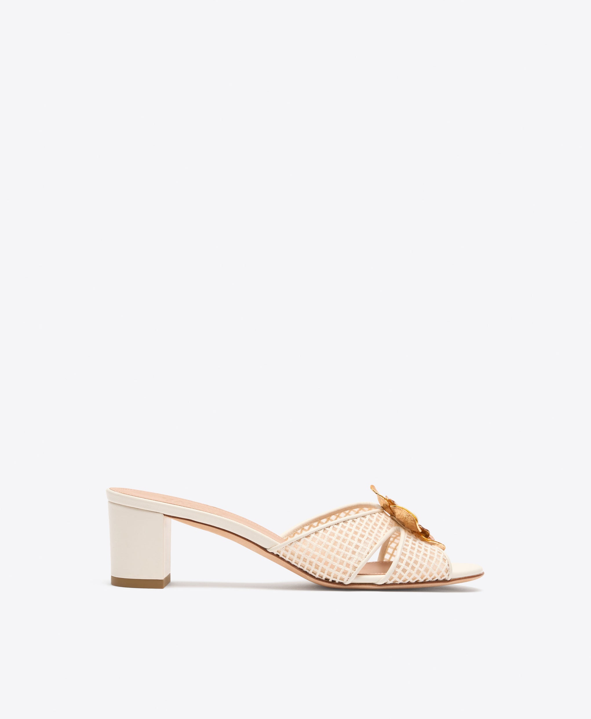 Suri 45 White Square Mesh Kitten Heel Sandals with Metal Flower Ornament Malone Souliers