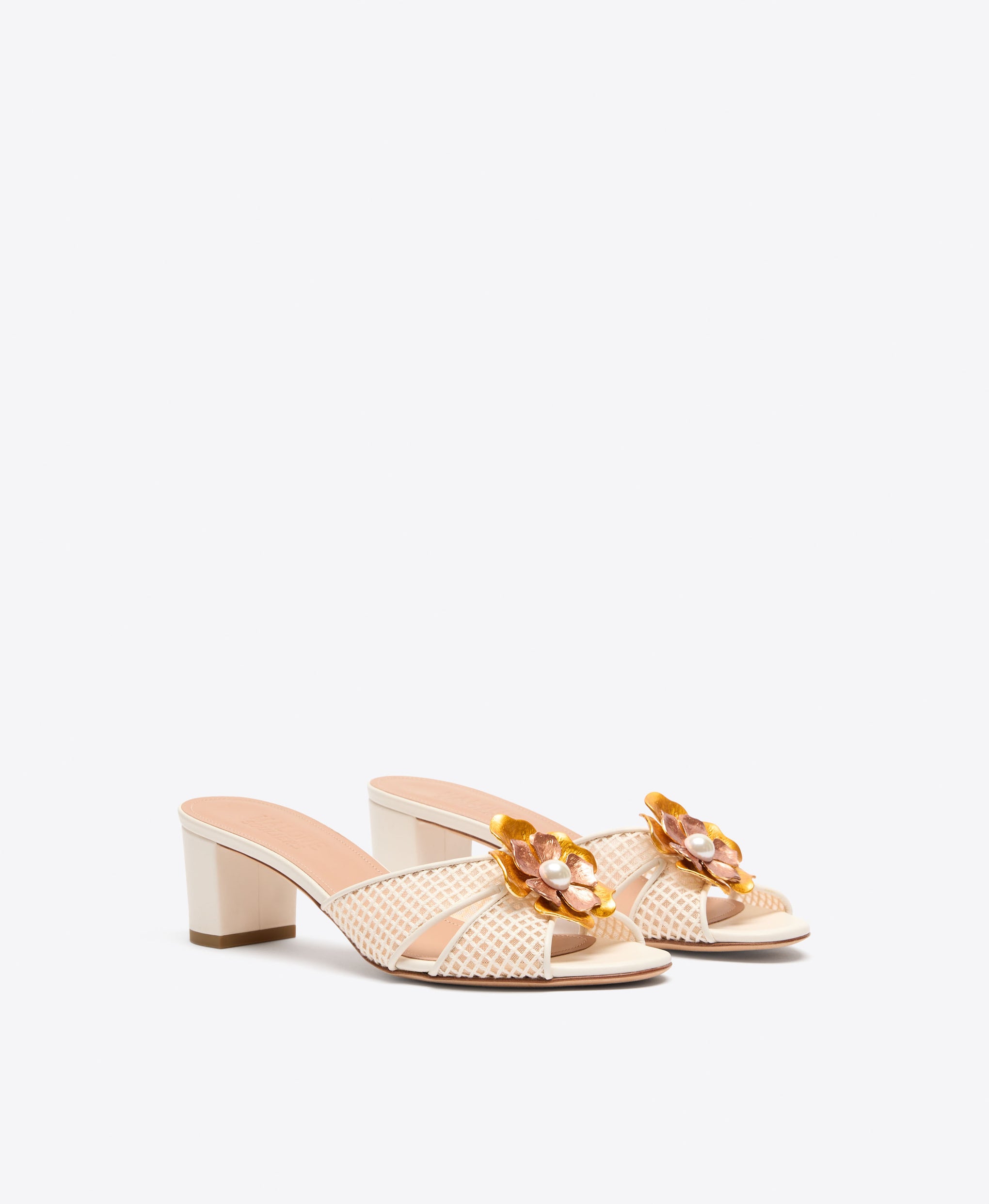 Suri 45 White Square Mesh Kitten Heel Sandals with Metal Flower Ornament Malone Souliers