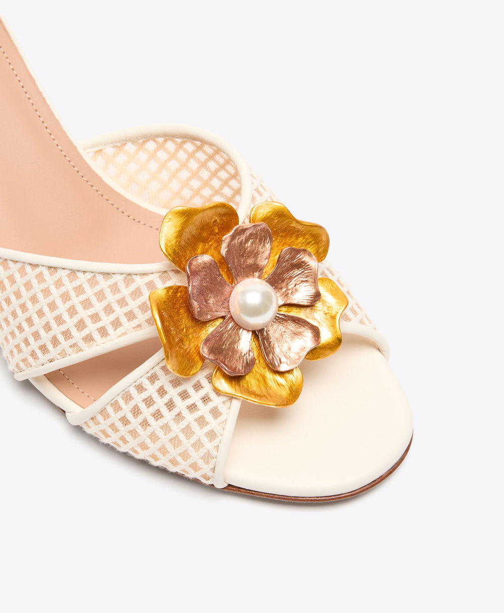 Suri 45 White Square Mesh Kitten Heel Sandals with Metal Flower Ornament Malone Souliers