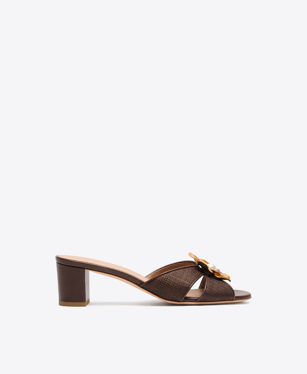 Suri 45 Dark Brown Raffia Kitten Heel Sandals with Metal Flower Ornament Malone Souliers