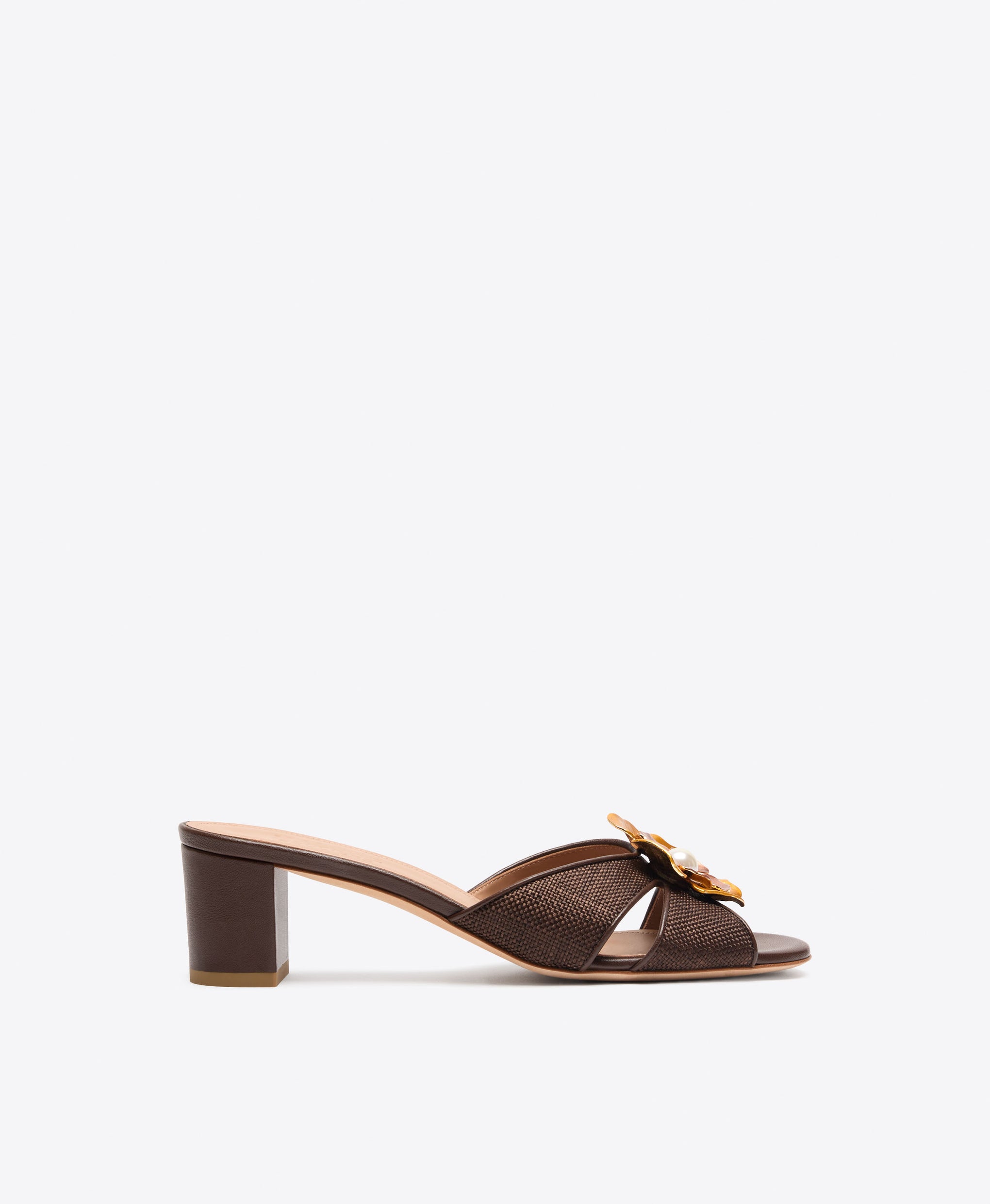 Suri 45 Dark Brown Raffia Kitten Heel Sandals with Metal Flower Ornament Malone Souliers