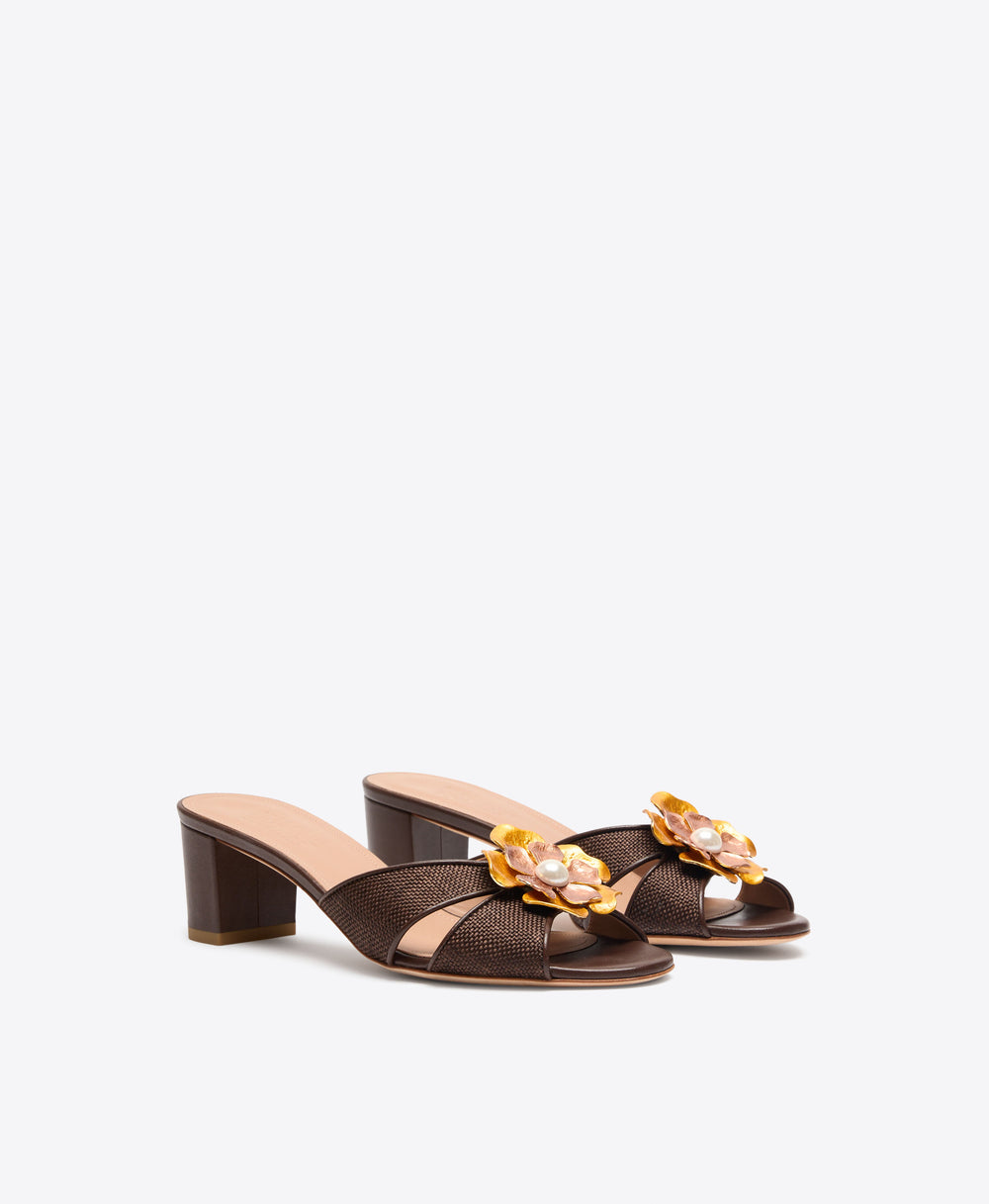 Suri 45 Dark Brown Raffia Kitten Heel Sandals with Metal Flower Ornament Malone Souliers