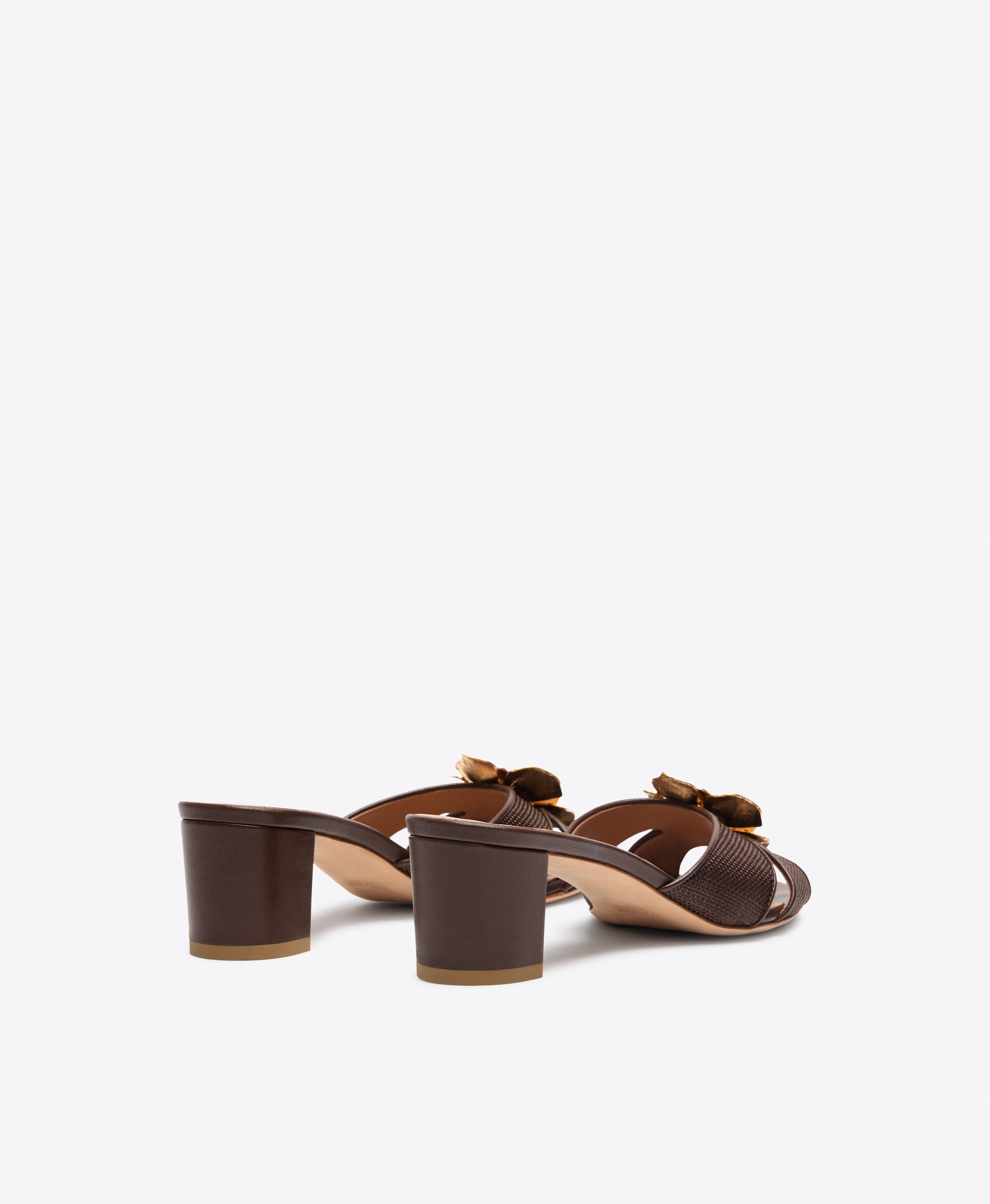 Suri 45 Dark Brown Raffia Kitten Heel Sandals with Metal Flower Ornament Malone Souliers