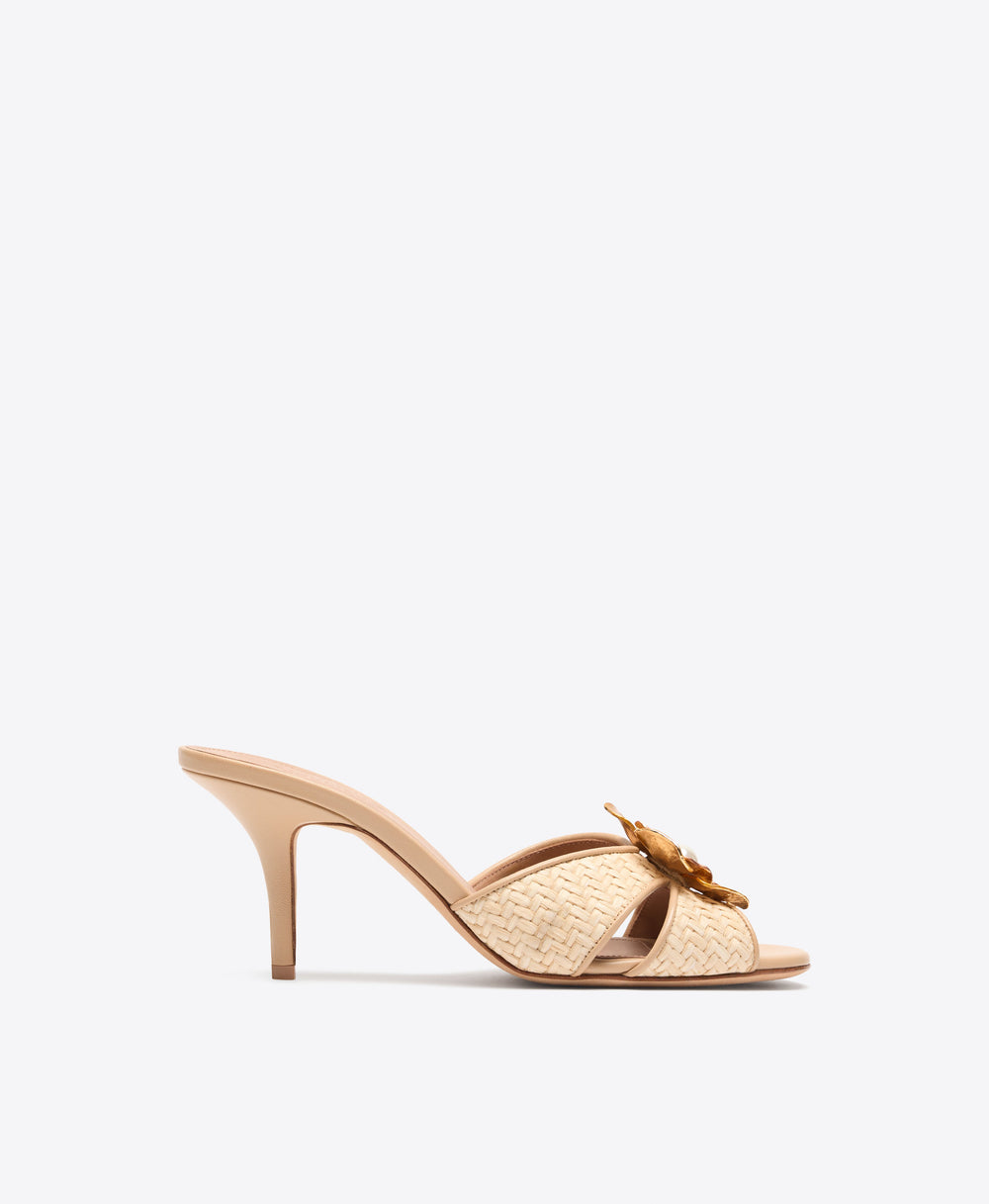 Suri 70 Buff Raffia Heeled Sandals with Metal Flower Ornament Malone Souliers