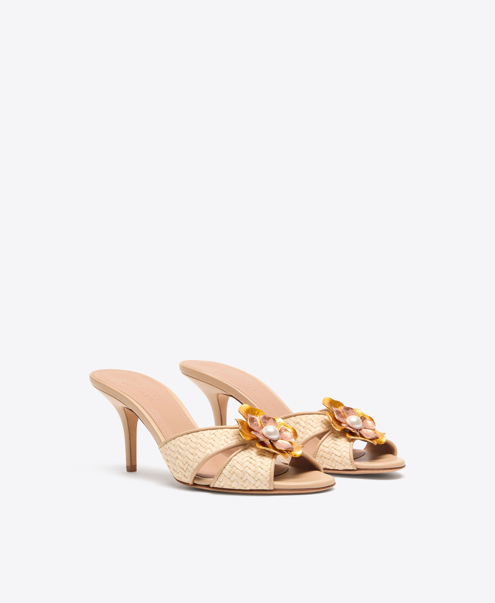 Suri 70 Buff Raffia Heeled Sandals with Metal Flower Ornament Malone Souliers