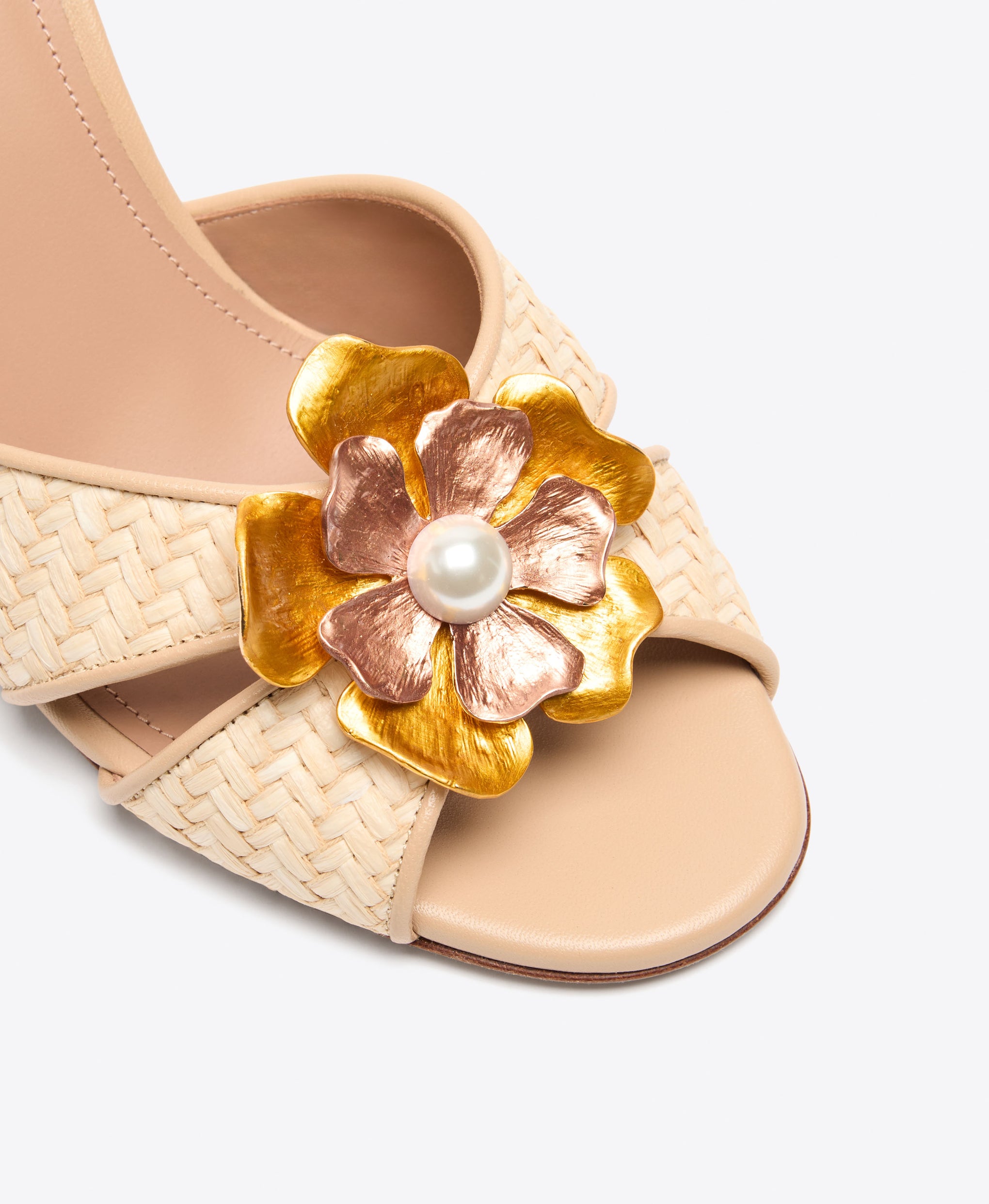 Suri 70 Buff Raffia Heeled Sandals with Metal Flower Ornament Malone Souliers