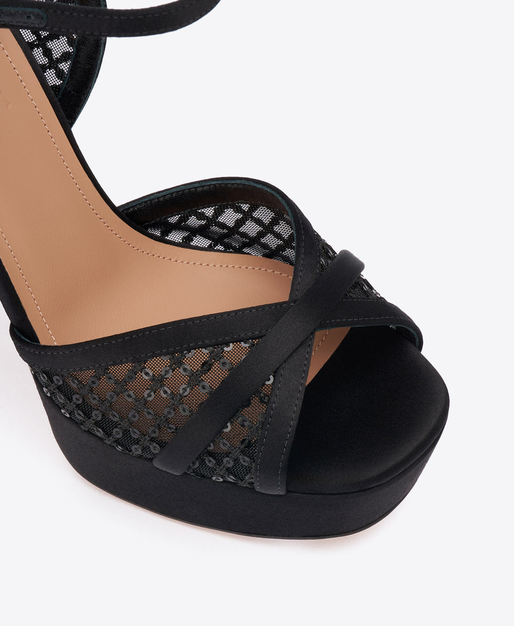 Sylvie 125 Black Sequin Mesh Platform Sandals with Block Heel Malone Souliers
