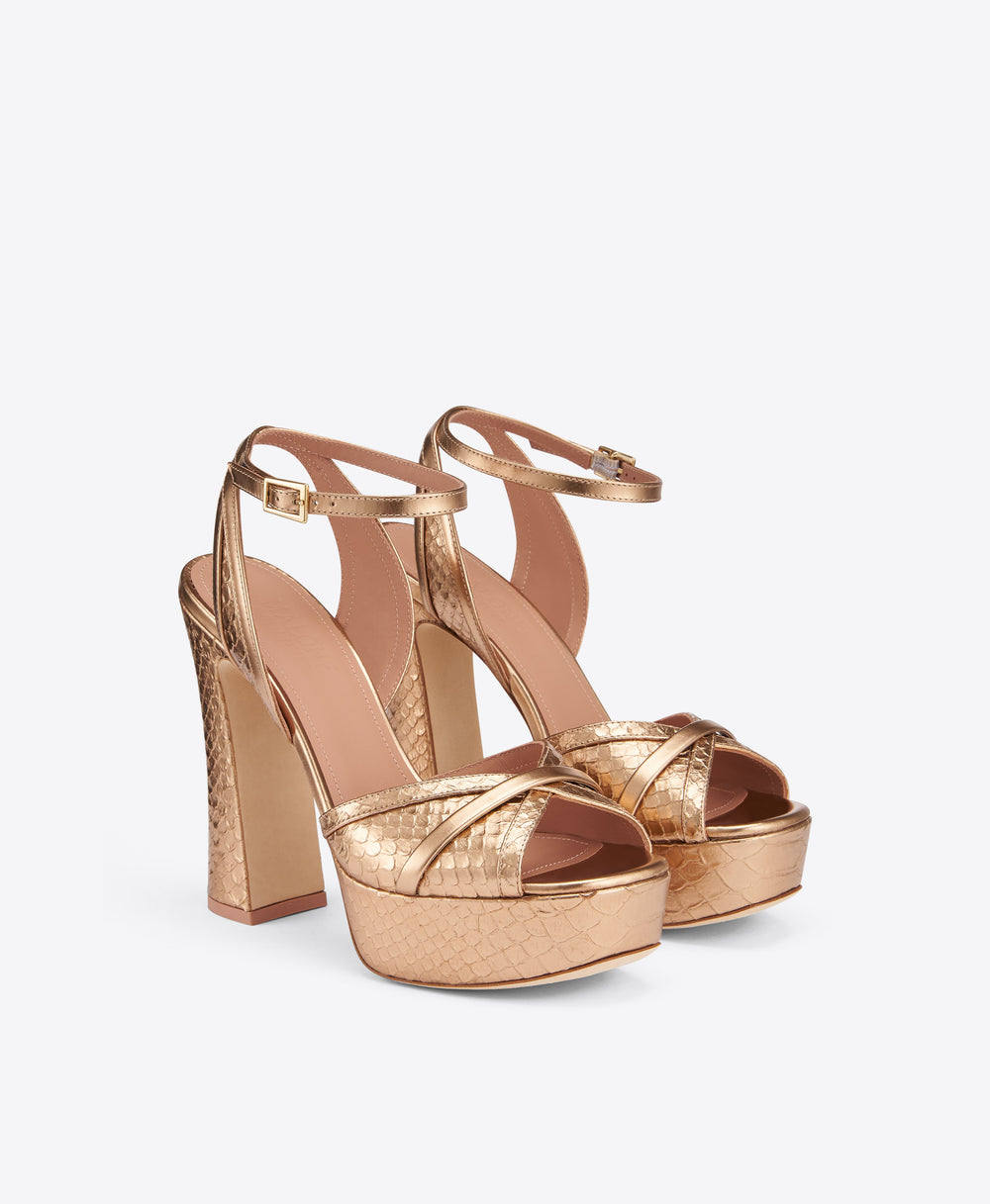 Sylvie 125 Gold Embossed Leather Platform Sandals