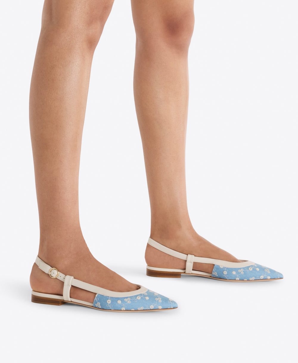 Tate Blue Floral Denim Flat Slingbacks Malone Souliers
