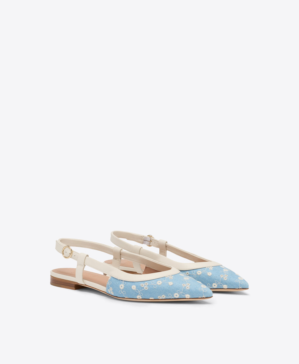 Tate Blue Floral Denim Flat Slingbacks Malone Souliers