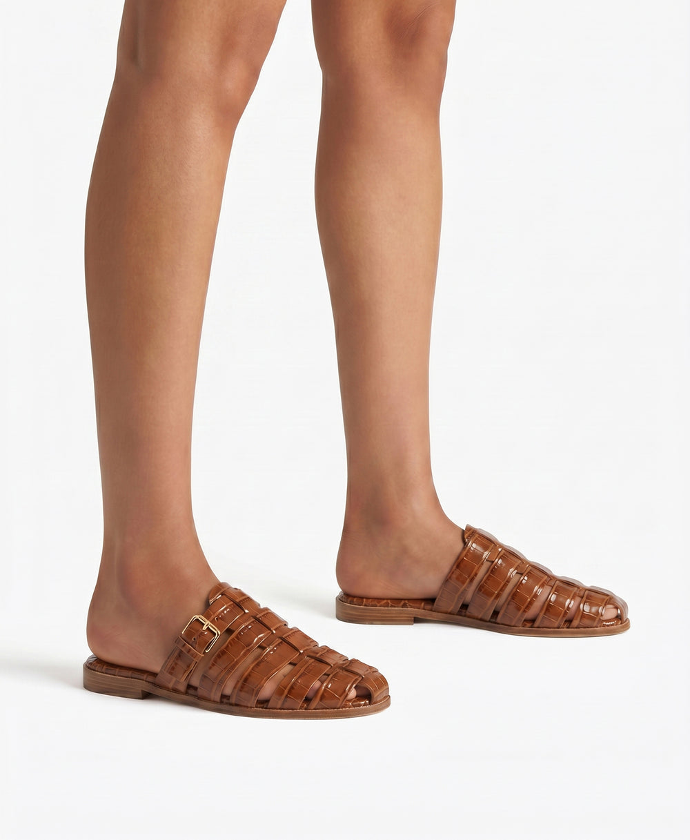 Theresa Caramel Croc Flat Mules Malone Souliers