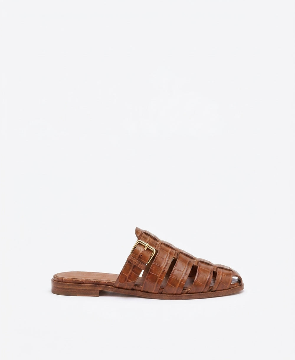 Theresa Caramel Croc Flat Mules Malone Souliers