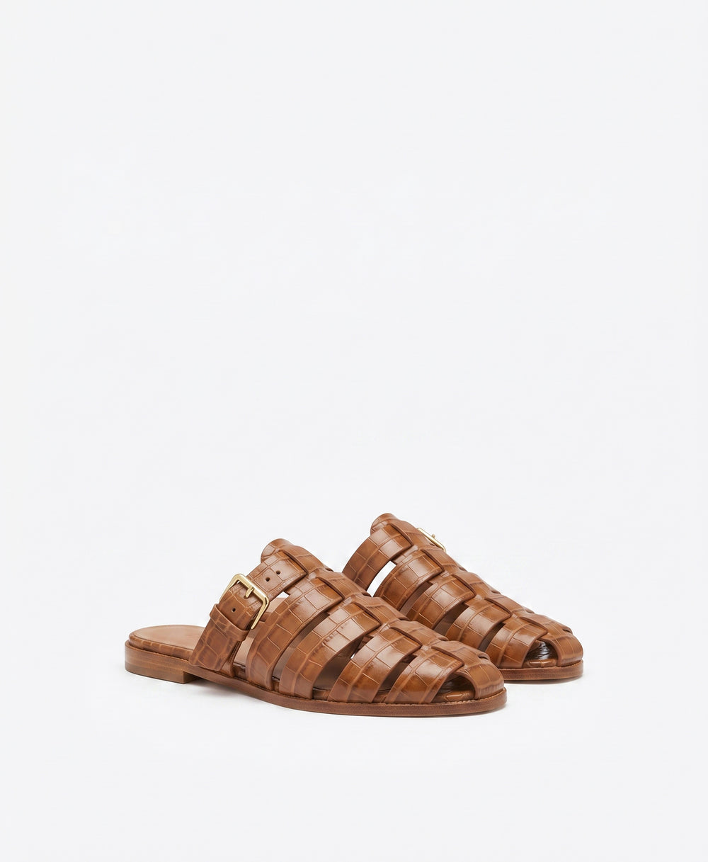 Theresa Caramel Croc Flat Mules Malone Souliers