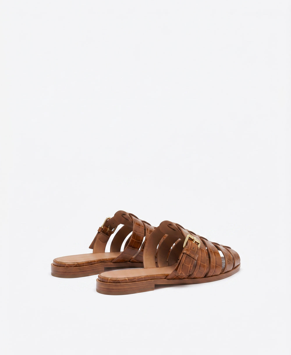 Theresa Caramel Croc Flat Mules Malone Souliers