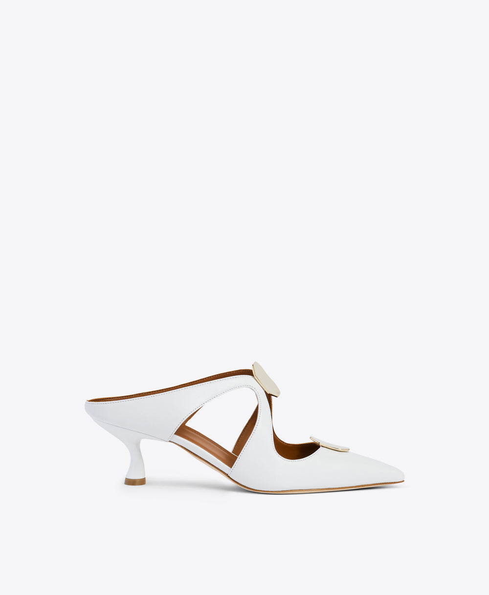White Nappa Cut-out Mules - Pointed Toe with Ornaments on Curved Heel | Malone Souliers
