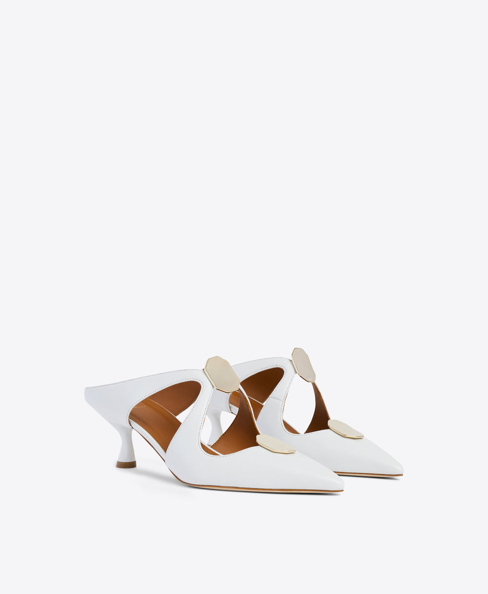 White Nappa Cut-out Mules - Pointed Toe with Ornaments on Curved Heel | Malone Souliers