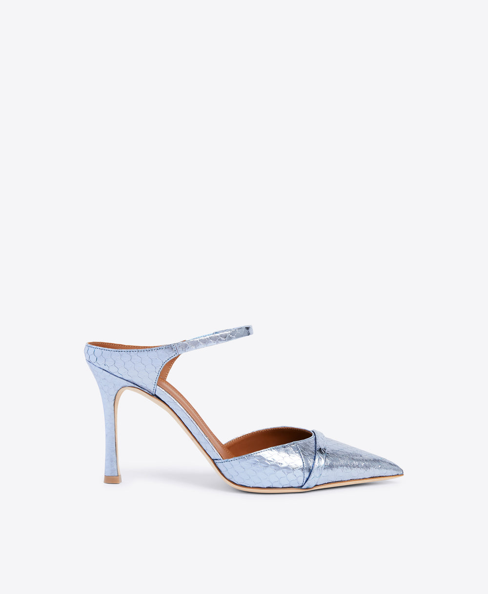 Double Strap Mules in Steel Blue - Pointed Toe on Flared Stiletto | Malone Souliers