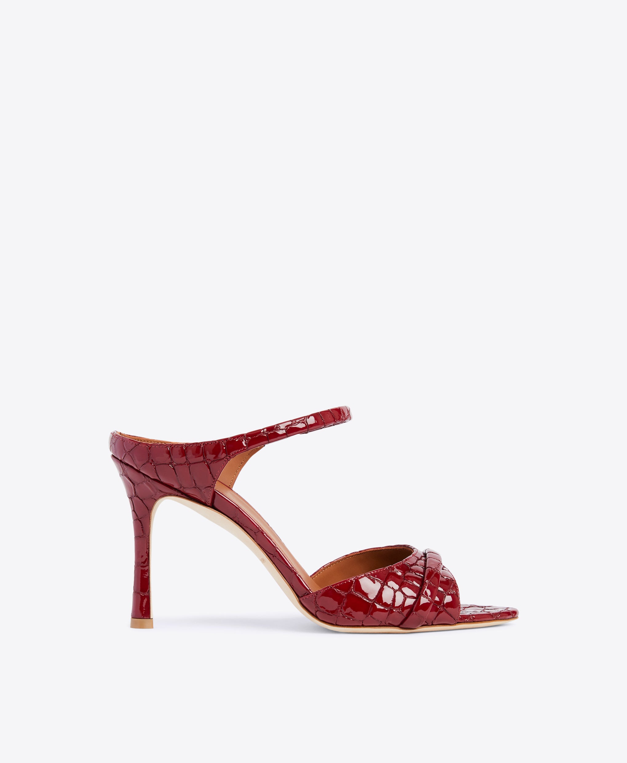 Two-Part Burgundy Sandals - Strap on Flared Stiletto | Malone Souliers