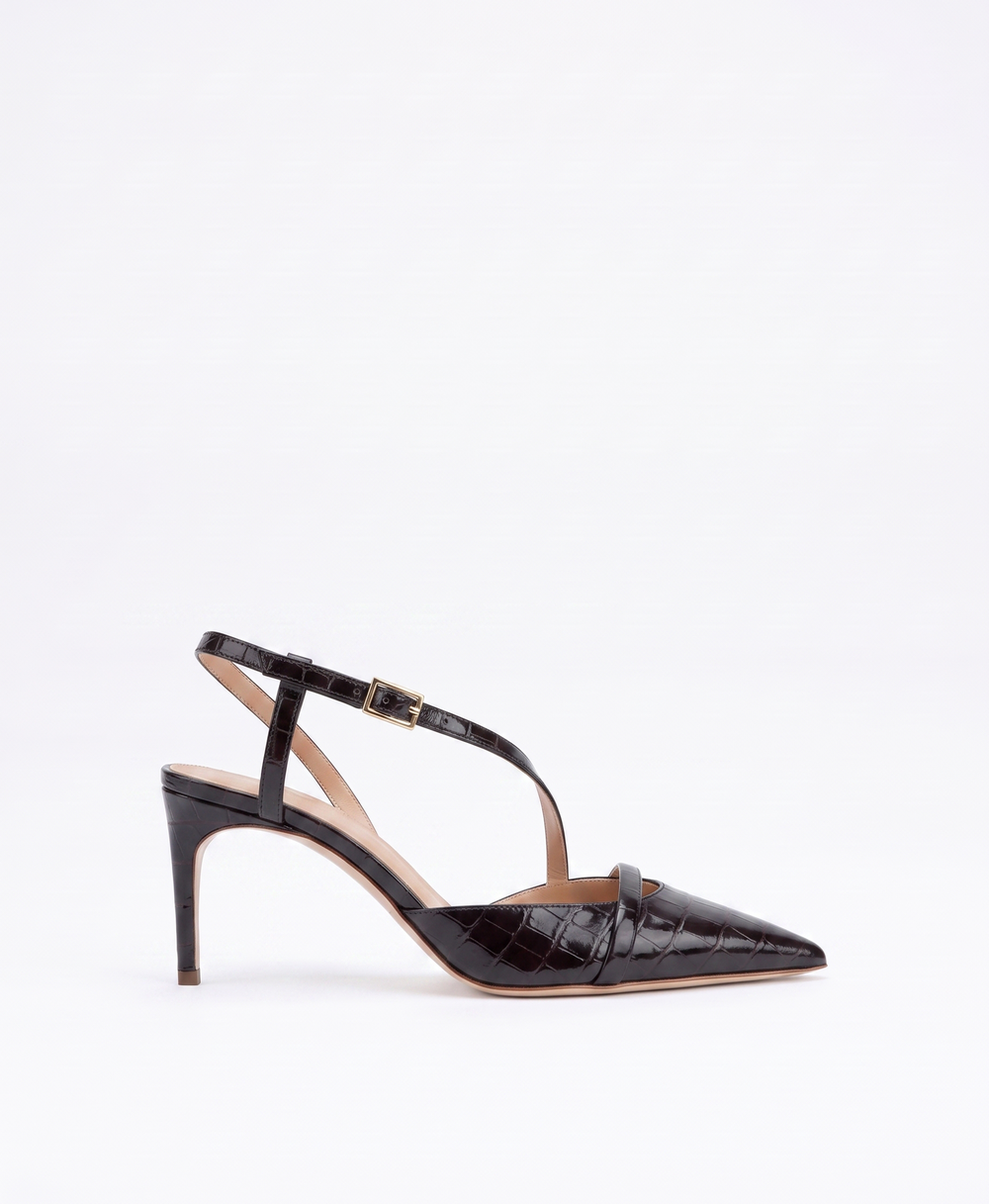 Valeria 70 Dark Brown Embossed Leather Slingbacks