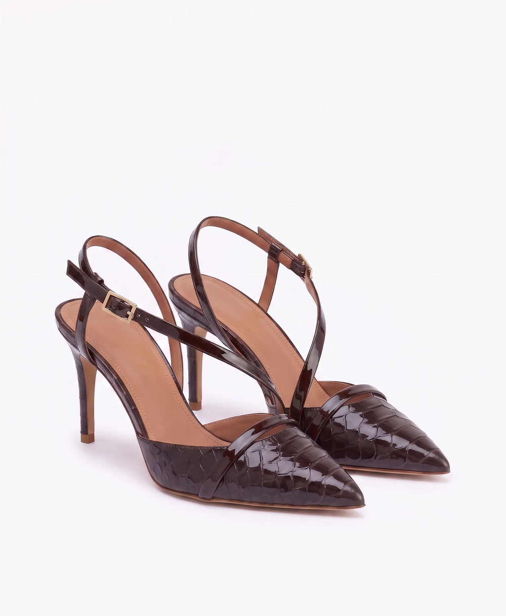 Malone Souliers Valeria 70 Dark Brown Embossed Leather Slingbacks
