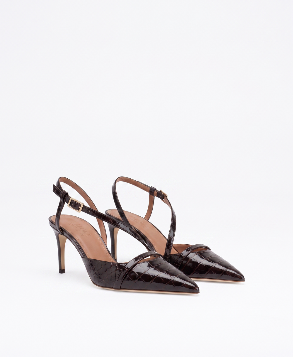 Valeria 70 Dark Brown Embossed Leather Slingbacks