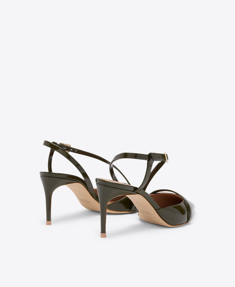 Valeria 70 Olive Patent Heeled Slingbacks Malone Souliers