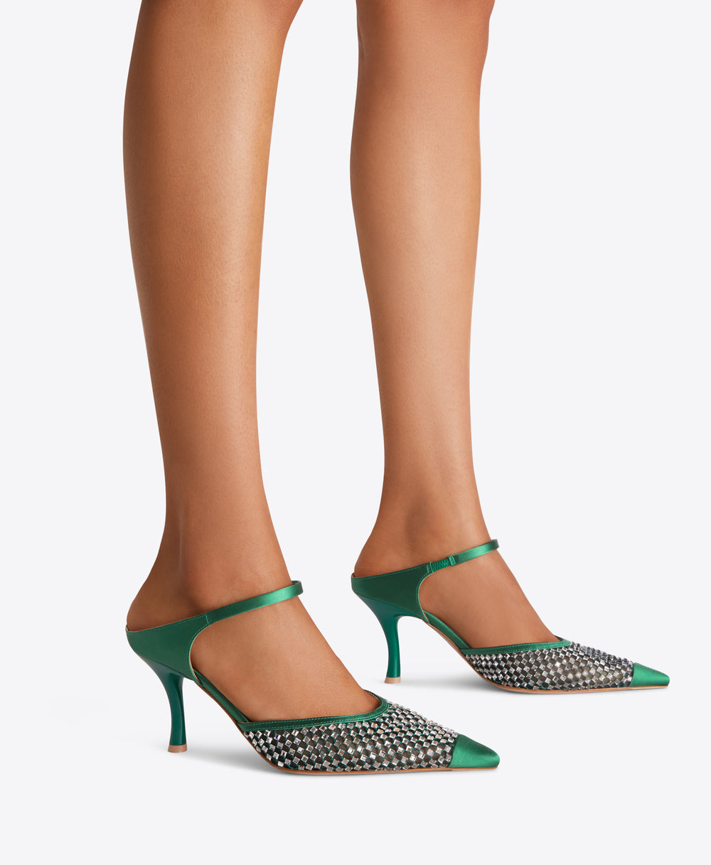 Vega 70 Crystal Mesh Forest Green Satin Mule Malone Souliers
