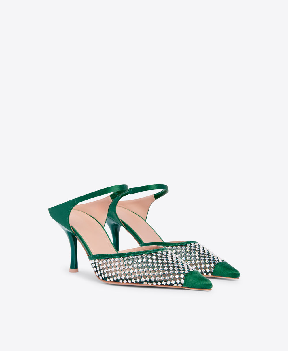 Vega 70 Crystal Mesh Forest Green Satin Mule Malone Souliers