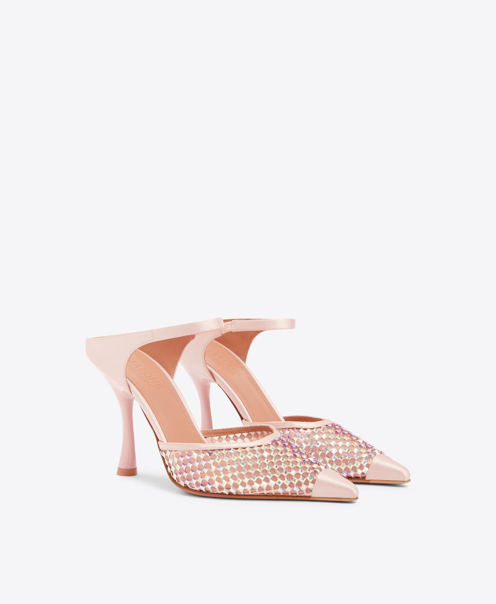 Vega 90 Pastel Pink Crystal Satin Heeled Mules Malone Souliers