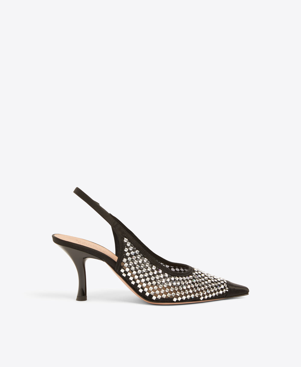 Vesper 70 Black Crystal Satin Heeled Slingbacks Malone Souliers