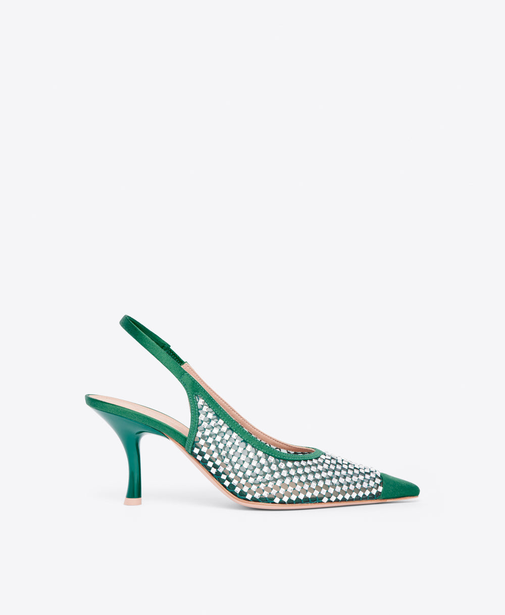 Vesper 70 Crystal Mesh Forest Green Slingback Malone Souliers