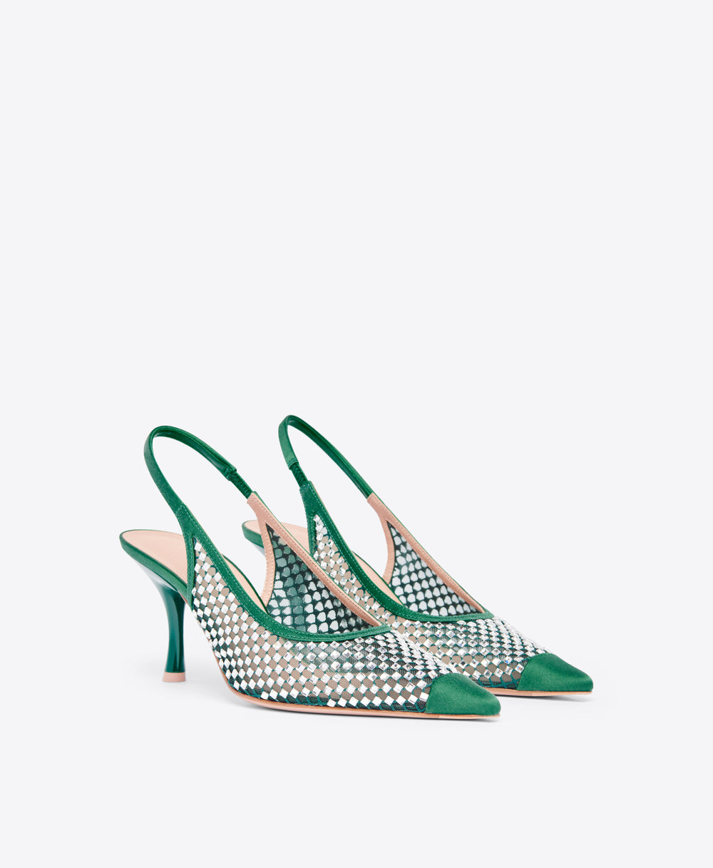 Vesper 70 Crystal Mesh Forest Green Slingback Malone Souliers