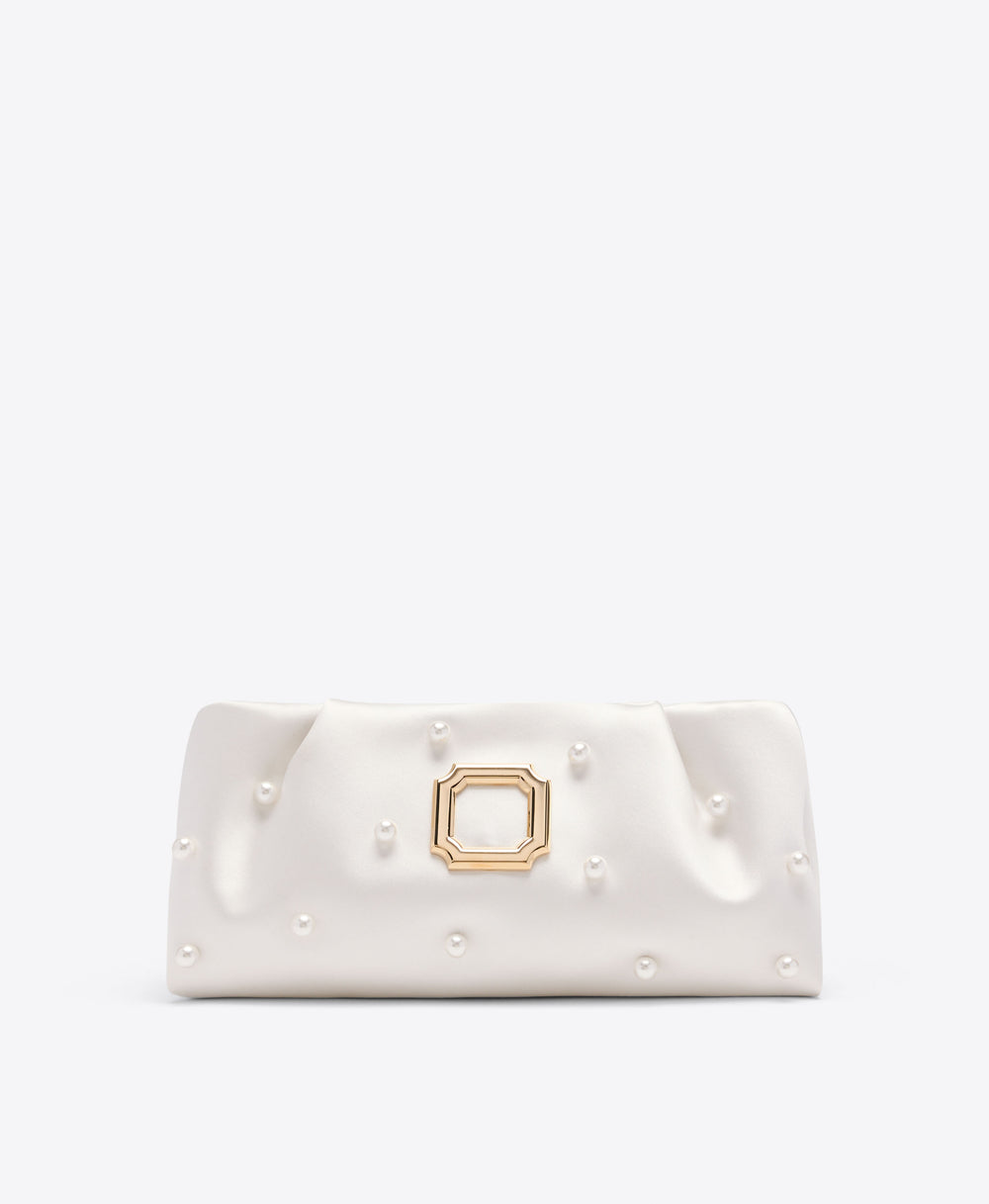Malone Souliers Vittoria White Satin Clutch Bag with Pearl Embellishments
