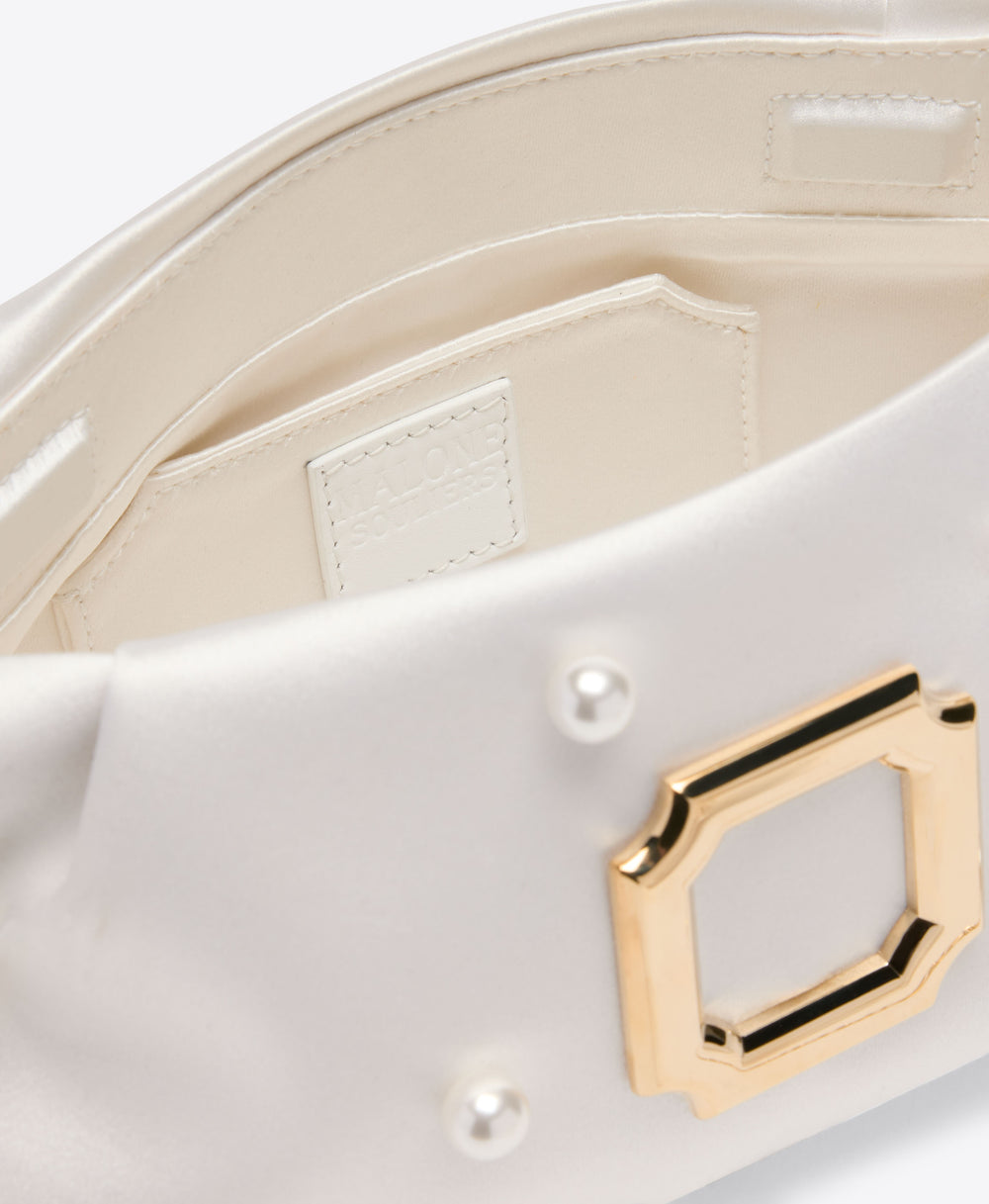 Malone Souliers Vittoria White Satin Clutch Bag with Pearl Embellishments